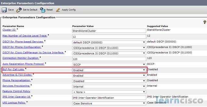 Enterprise Parameters - Enable BLF for Call Lists