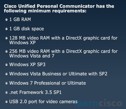 Cisco Unified Personal Communicator Minimal Requirements